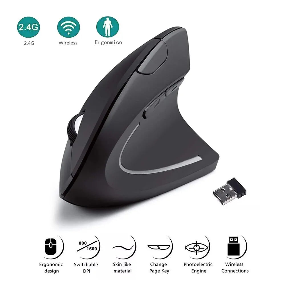 Vertical Mouse Ergonomic 2.4Ghz Wireless Optical Mice 3 Adjustable DPI 800/1200/1600 6 Buttons for Laptop PC Computer Desktop